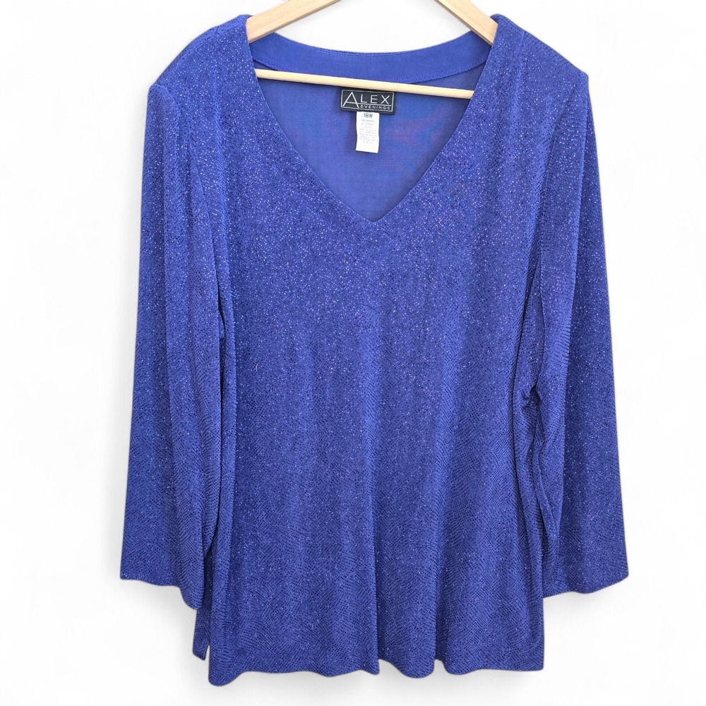 Alex Evenings Blue Metallic Shimmer Blouse 18W Plus Size V Neck Sparkle Top